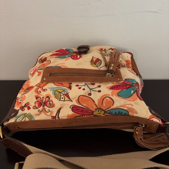 Lucky Brand Flowers and Butterfly Patterned Canvas Brown Suede Shoulder Bag - Picture 8 of 13